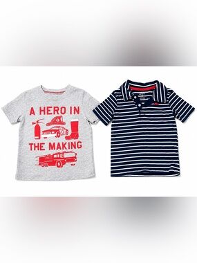 Carter’s Boys 2T Navy Striped Polo & Firefighter Graphic T-Shirt Bundle